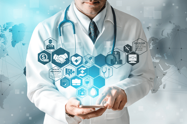 Doctor with stethoscope browsing the internet